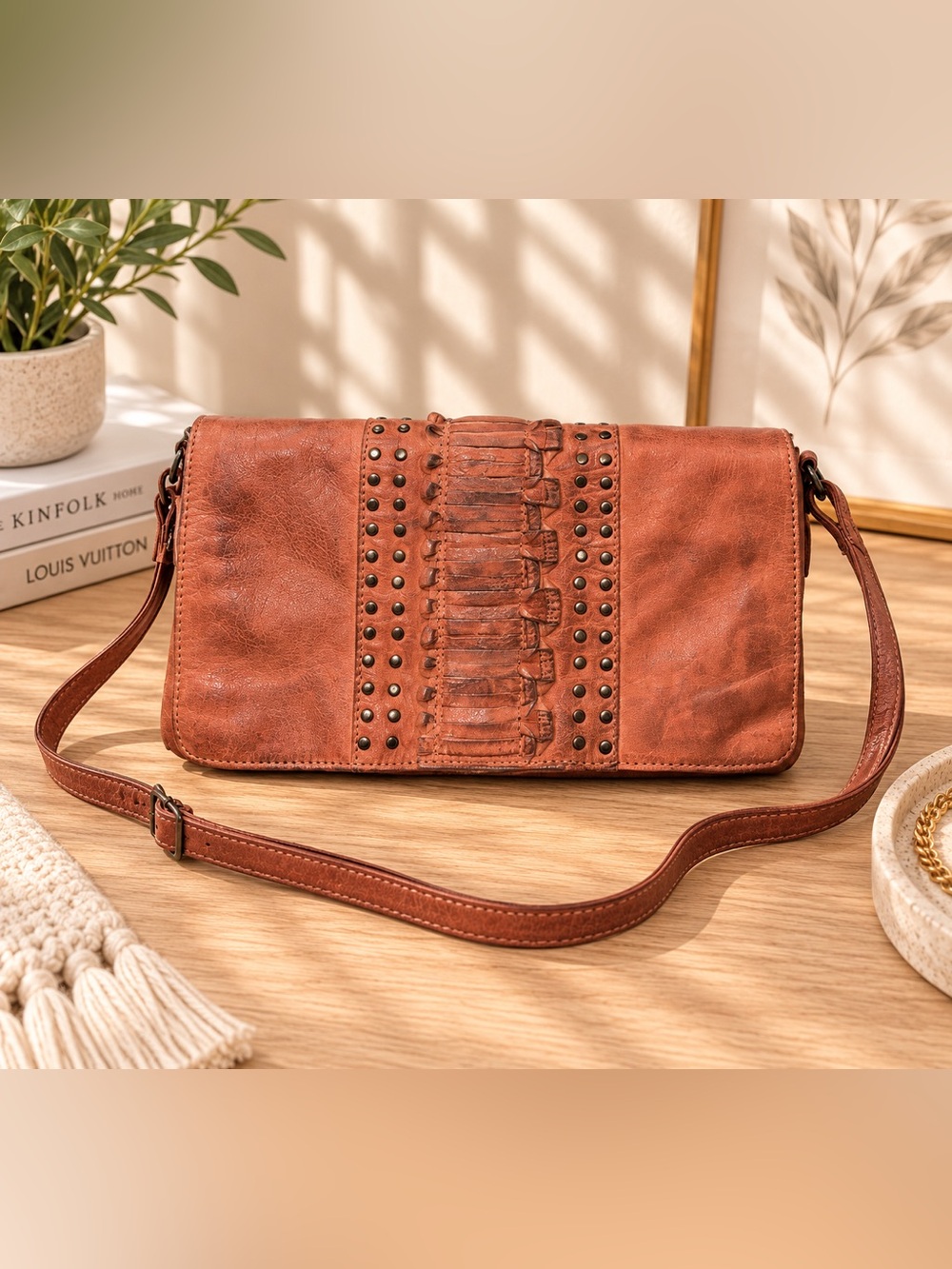 CIVICO 9 Coral Cognac Leather Studded Woven Crossbody Bag